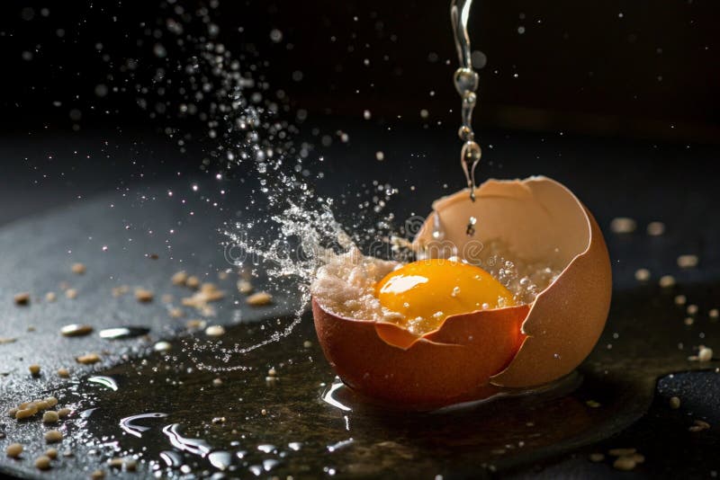 Dynamic Egg Yolk Splash A Closeup of a Cracked Egg with Vibrant Yellow Yolk and White in a Dark Setting - generated by ai stock illustration