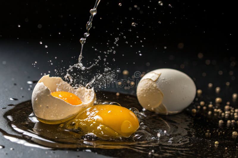 Dynamic Egg Yolk Splash A Closeup of a Cracked Egg with Vibrant Yellow Yolk and White in a Dark Setting - generated by ai stock illustration