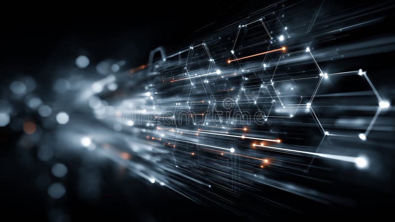 Dynamic Energy Flow in a Futuristic Digital Environment Showcasing Interconnected Hexagons and Light Trails stock photography