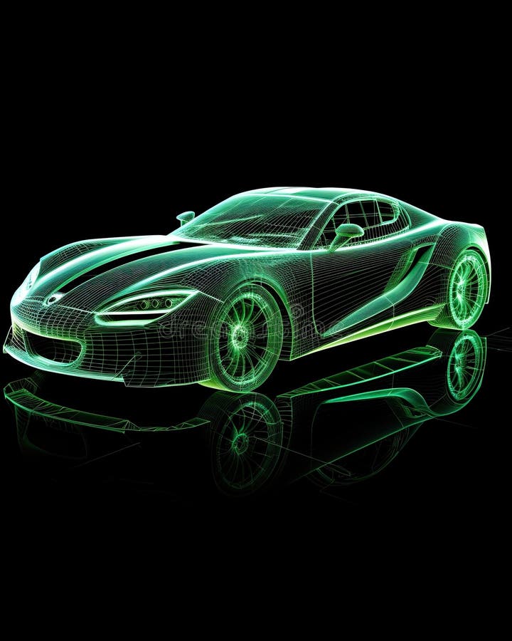 Dynamic essence of an automobile, depicted in a wireframe style, set against a colorful and vibrant glow stock illustration