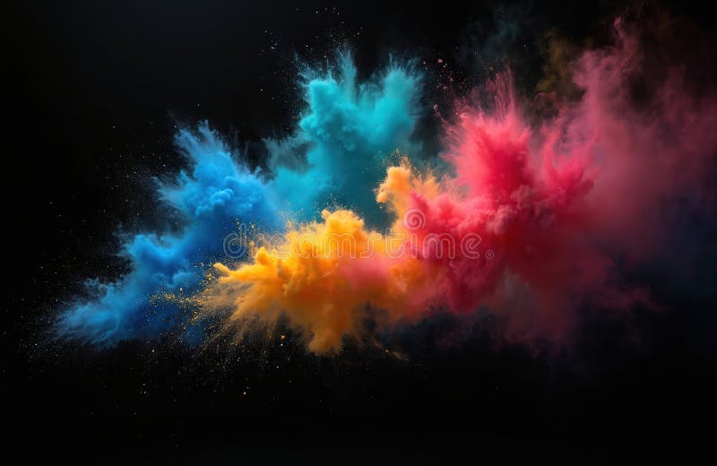 Dynamic explosion of colored powder against black background. Vibrant hues burst forth, creating mesmerizing display energy vector illustration
