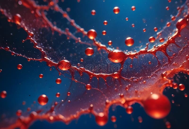 A dynamic explosion of red liquid, forming droplets and tendrils against a dark blue background. stock illustration