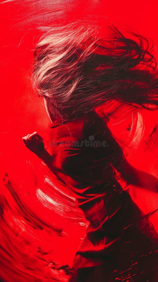 Dynamic figure with flowing hair in a vivid red abstract setting vector illustration