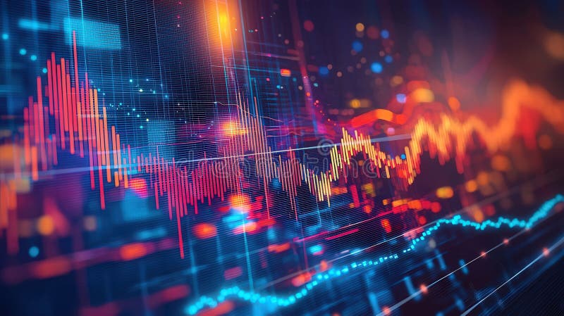 Dynamic financial chart with colorful lines, showing changes in financial markets. stock illustration