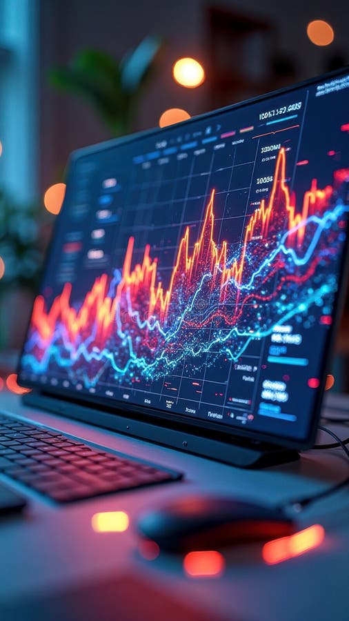 Dynamic financial graphs on monitor: analyzing real-time market trends stock image