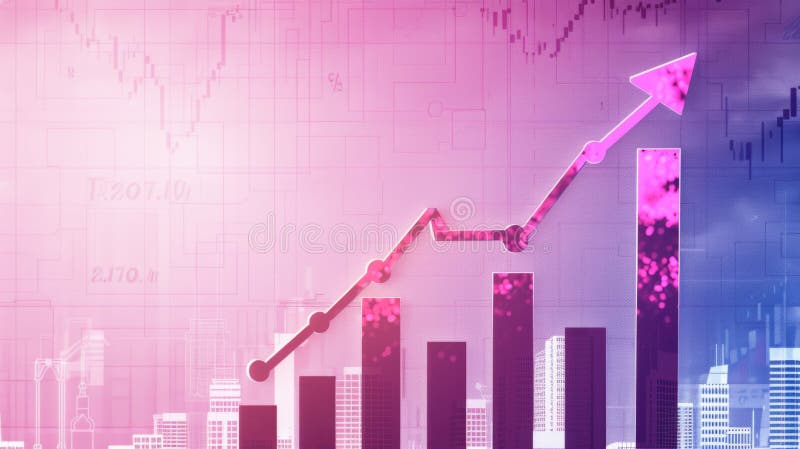 Dynamic financial growth with abstract pink arrows and graphs in urban setting stock images