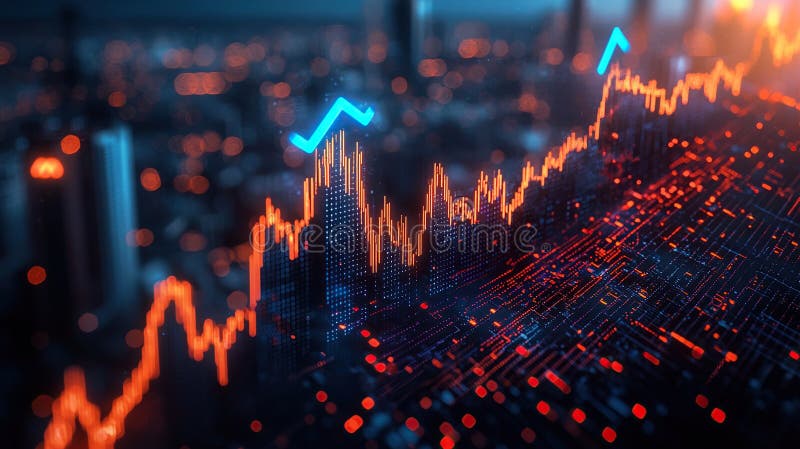 Dynamic financial market trend with data visualization over a city skyline at night stock photography