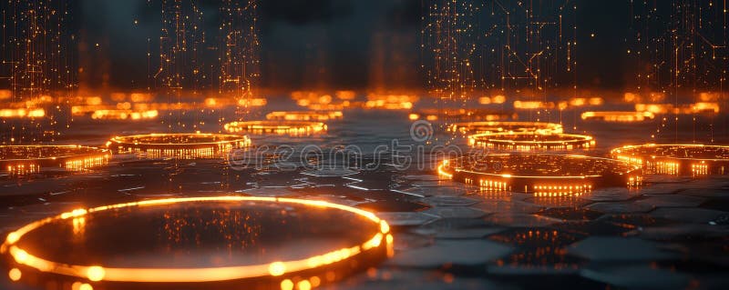 Dynamic floating circles virtual environment 3d visualization digital realm aesthetic perspective stock photos