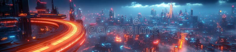 Dynamic Futuristic City with Neon Lights and Circular Pathways in a Cyberpunk Universe royalty free illustration