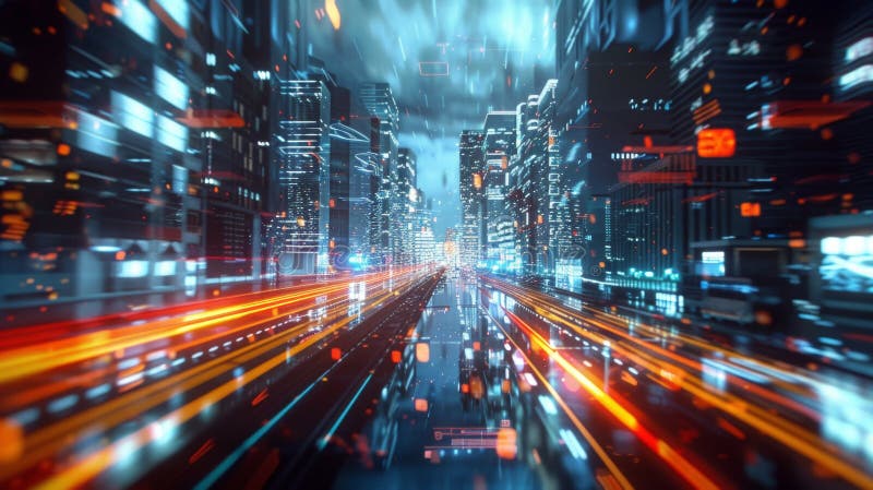 Dynamic futuristic cityscape featuring high-speed light trails, representing rapid data transfer and advanced urban royalty free stock photography