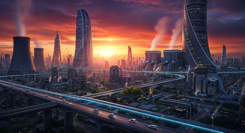 A dynamic futuristic urban skyline at vibrant sunset vector illustration