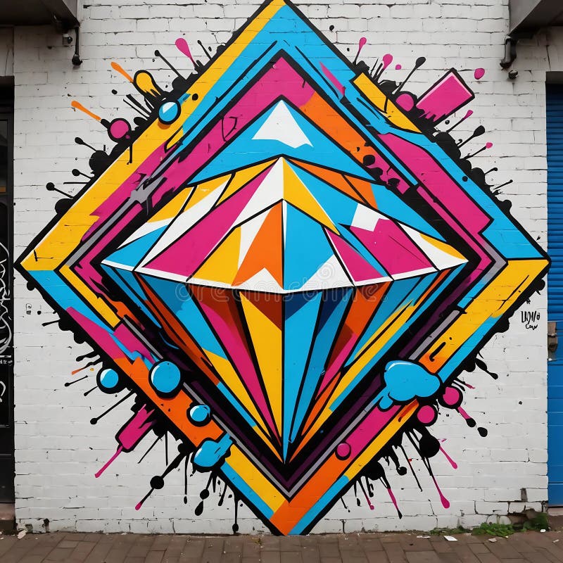 Dynamic Geometric Diamond Mural with Vibrant Colors on City Wall stock photo