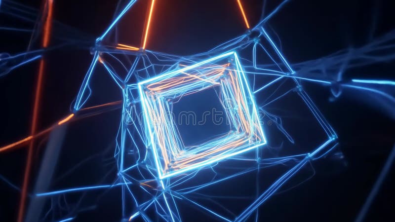 A dynamic glowing neon cube surrounded by intricate geometric patterns and vibrant blue and orange lights. 4k Video stock illustration