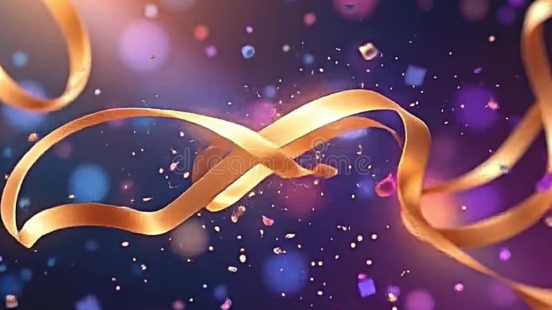 Dynamic golden ribbon weaving through an abstract space, particles of light scattering around, a vibrant Generative AI stock illustration