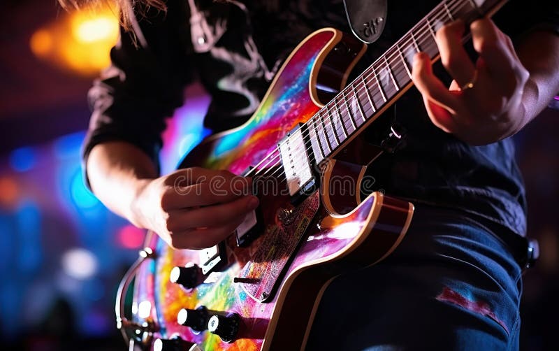Dynamic Guitar Playing with Colorful Strings. Generative Ai royalty free illustration