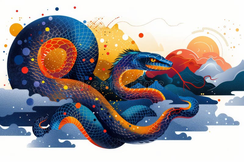 A dynamic illustration of a colorful serpent with intricate scales coiled amidst dramatic mountains and a radiant sun. stock photos
