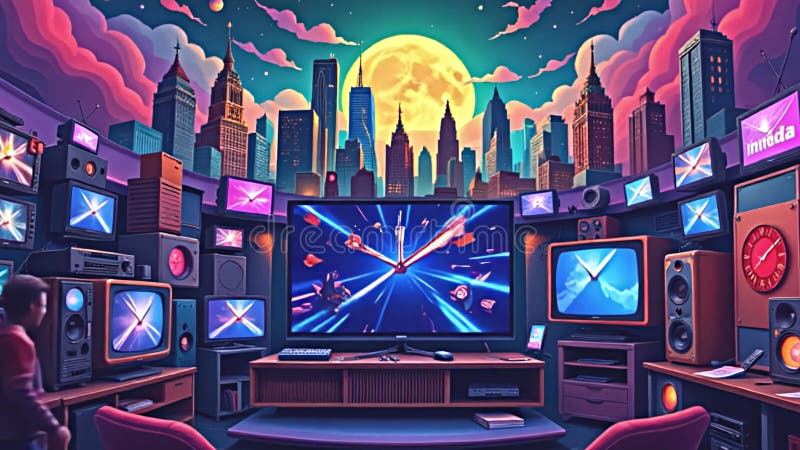 Dynamic illustration of a media landscape, blending nostalgic and contemporary visuals, showcasing the evolution of television technology, viewer engagement and emotional impact highlighted through design, rich color palettes amplifying the connection between content and audience high-resolution, ultra-detailed, stunning lighting and shadows, vibrant colors, Generative AI. Nostalgic image video