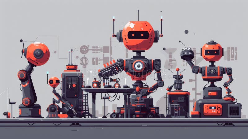 Futuristic robotic assembly line with mechanical arms and AI workers royalty free stock photo