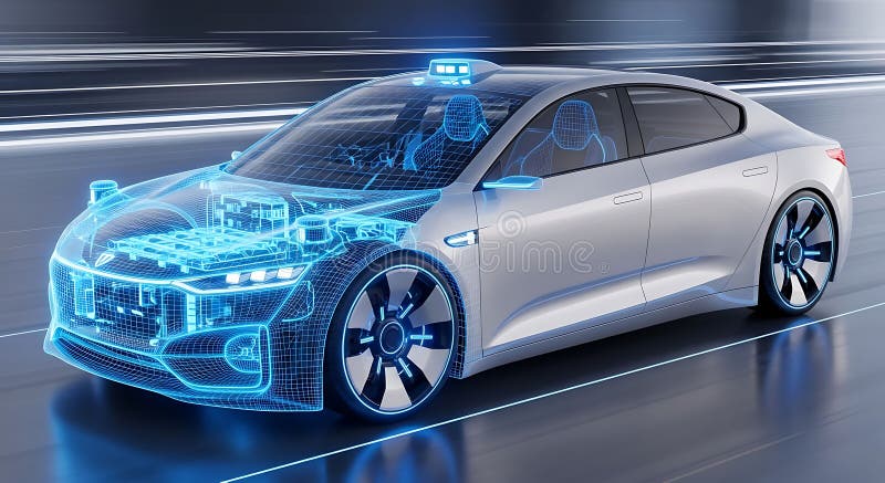 Self-driving electric vehicle digital blueprint stock illustration