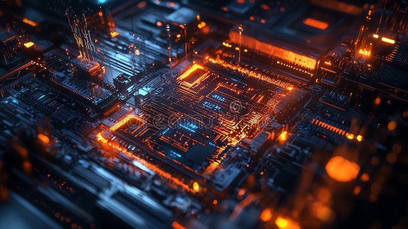 A dynamic image of a quantum computer in operation, with glowing circuits and researchers monitoring its performance royalty free illustration