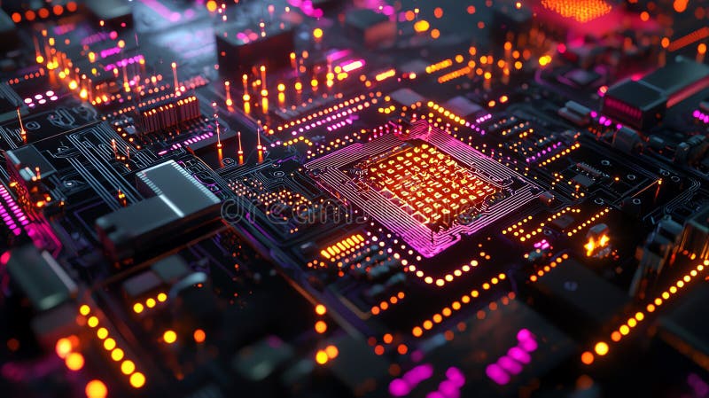 A dynamic image of a quantum computer in operation, with glowing circuits and researchers monitoring its performance stock illustration