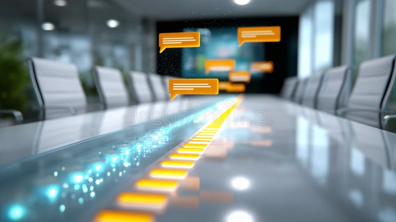 Dynamic interactive timeline displayed on contemporary conference table with glowing elements. Modern office environment stock images