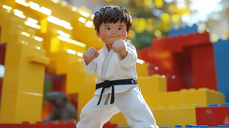 Dynamic Karate Kid Action Figure Amid Colorful Play Area vector illustration