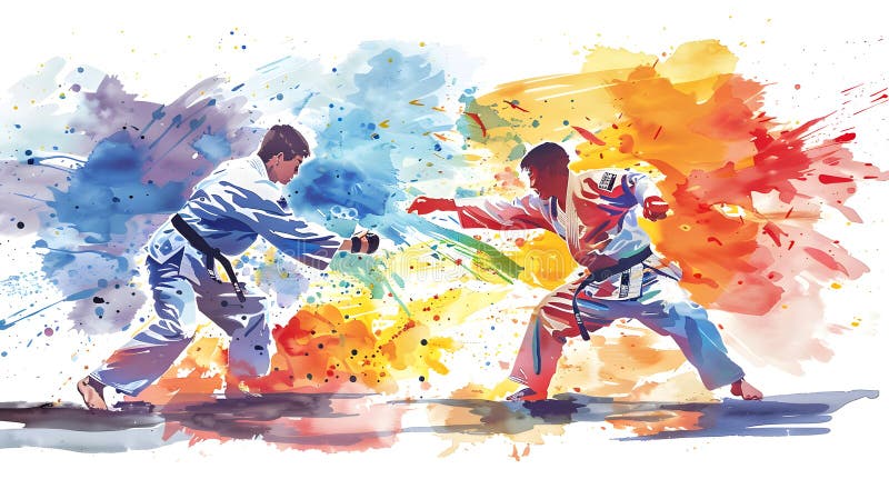 Dynamic Martial Arts Showdown: Capturing the essence of a martial arts competition, two athletes engage in a powerful and artistic royalty free stock images