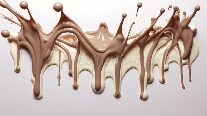 Dynamic milk and chocolate splash in artistic motion on white background, visually captivating stock photography