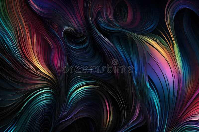 A dynamic mixture of RGB colors spiraling and blending around each other over a dark background. Abstract art showcasing a vibrant stock illustration
