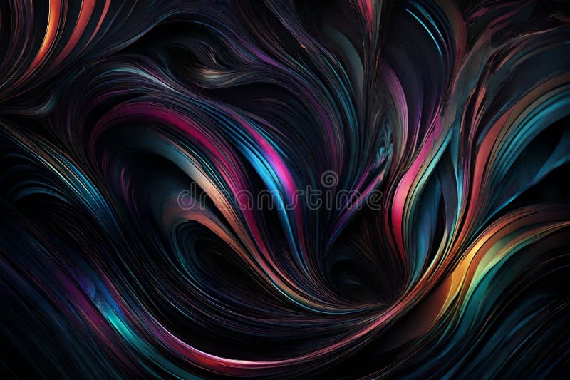 A dynamic mixture of RGB colors spiraling and blending around each other over a dark background. Abstract art showcasing a vibrant stock illustration