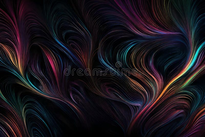 A dynamic mixture of RGB colors spiraling and intertwining over a dark background. Abstract art featuring vibrant hues and royalty free illustration