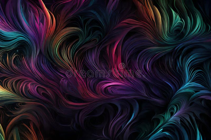 A dynamic mixture of RGB colors spiraling and intertwining over a dark background. Abstract art featuring vibrant hues and stock illustration