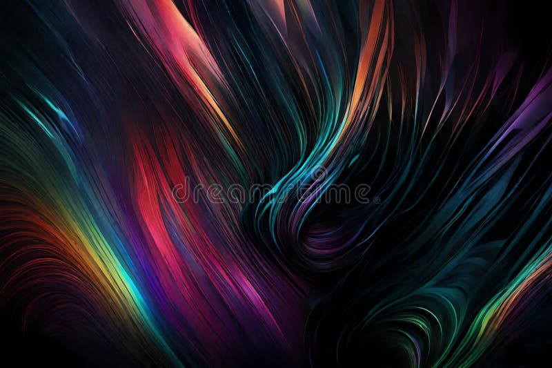 A dynamic mixture of RGB colors spiraling and intertwining over a dark background. Abstract art showcasing a vivid display of stock illustration