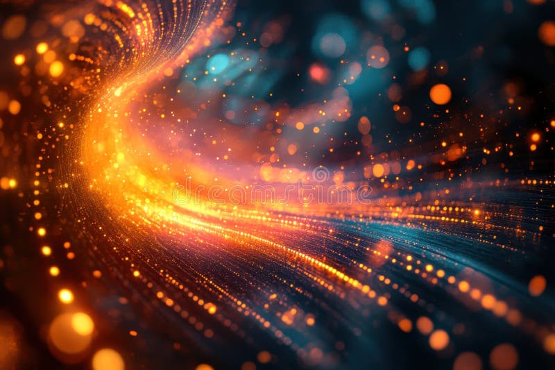 Dynamic patterns of glowing particles weave together in a colorful abstract design stock illustration