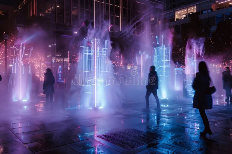 A dynamic performance art installation in an urban square features moving sculptures and interactive light displays