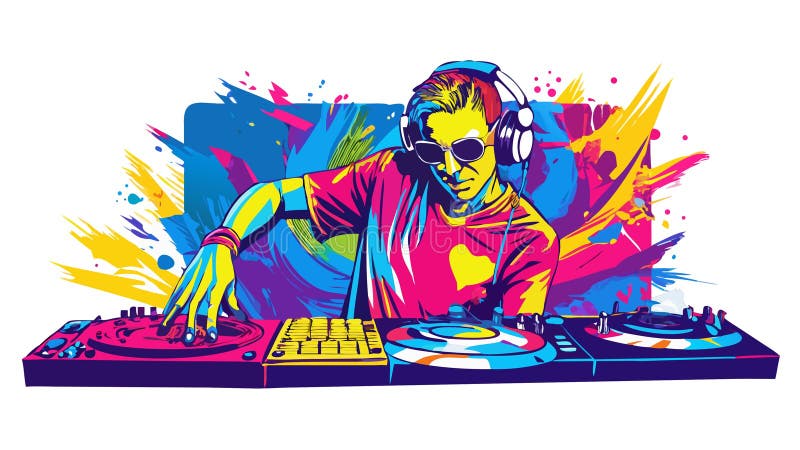 アート・デザイン・音楽 BRANDS with CHARACTER Cool Panda DJ with Headphones Plays Music on Turntables. Vibrant