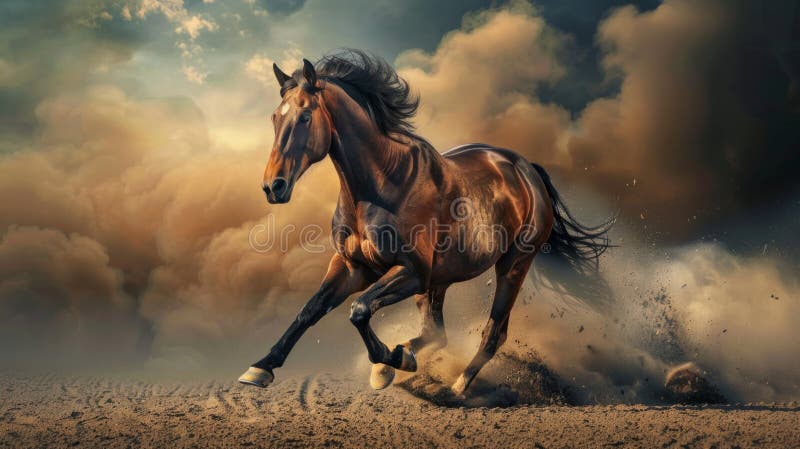 Imagine dinamică și puternică a unui cal care se ghemuiește pe o câmpie prăfuită. culorile sunt vibrante și scena este plină de mi stock photos