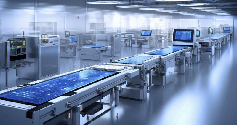 The Dynamic Process of Microchip Manufacturing in an Advanced Factory Line vector illustration