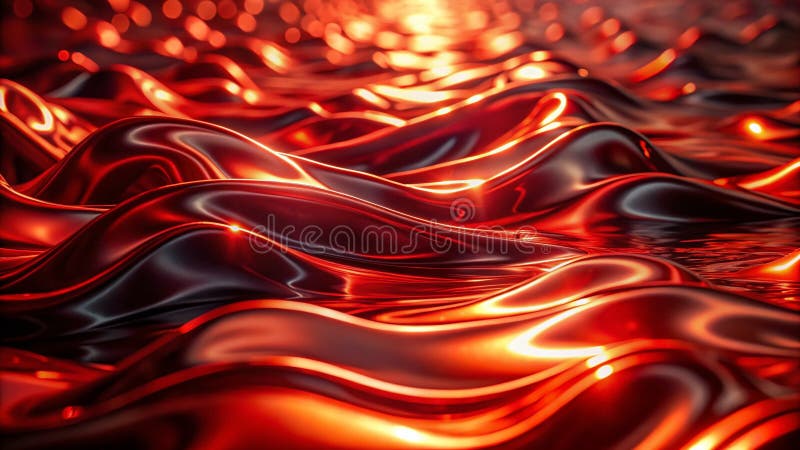 Dynamic Red Metallic Fluid Flowing Over a Chrome Water Reflection Abstract Wavy Background Design royalty free illustration