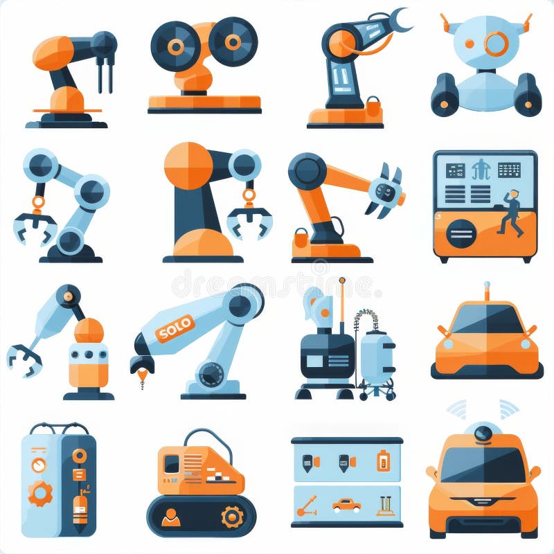 A dynamic set of icons featuring various types of robots and automation machinery in bold orange and blue hues. Robotics icons illustrations