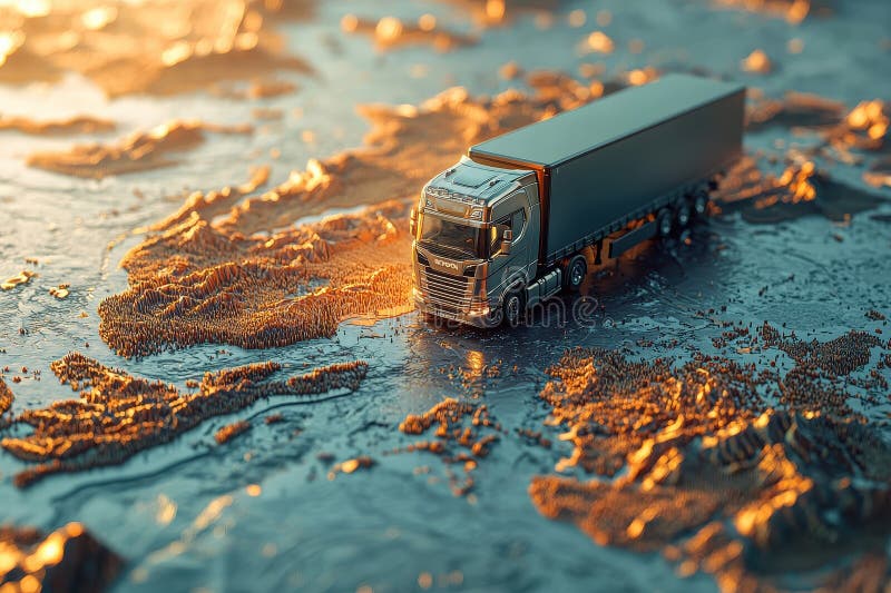Black truck model driving across a world map with illuminated pathways, symbolizing global logistics and transportation. vector illustration