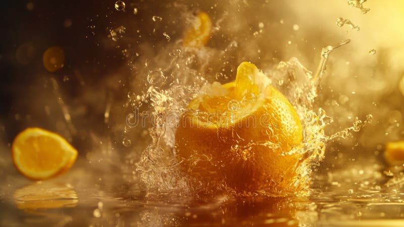 Citrus explosion with orange splash on golden background royalty free stock photo