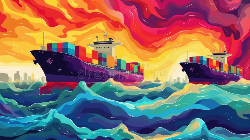Fundalul dinamic al cerului, cu ilustrații abstracte vii, care includ nave-container colorate pe mare royalty free stock images