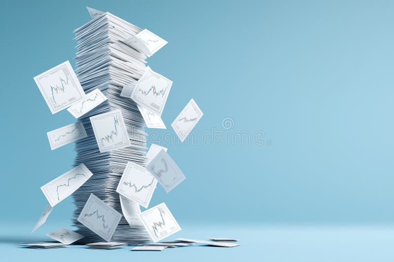 A dynamic stack of papers with graphs showing fluctuating statistics, symbolizing data analysis and business growth trends stock illustration