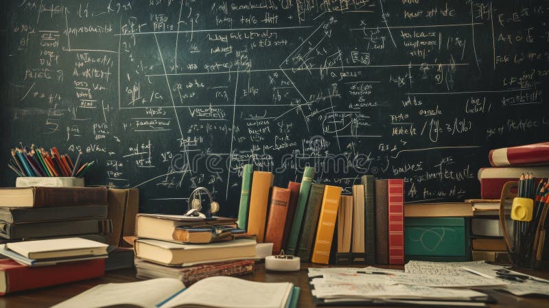 Dynamic study desk overflowing with books, stationery, and personal items amidst math equations stock illustration