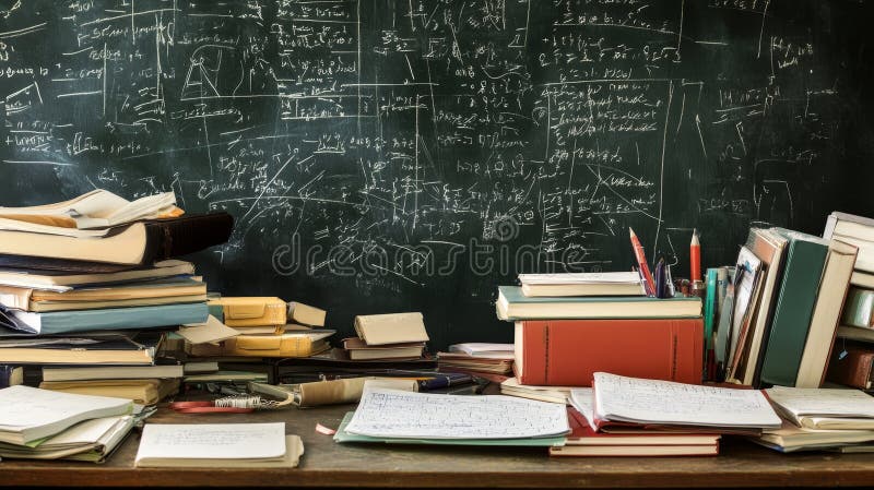 Dynamic study space a desk overflowing with textbooks, notebooks, and mathematical equations stock illustration