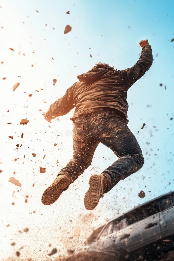Dynamic stunt performance captures the thrill of aerial action in an explosive moment royalty free stock photo