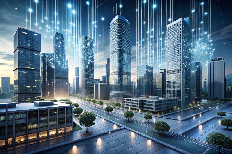 Dynamic Urban Landscape Visualization Futuristic Architecture Integrating Streaming Data and Modern Technology vector illustration
