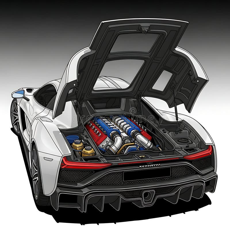 Supercar with Open Engine Bay Vector Illustration stock illustration